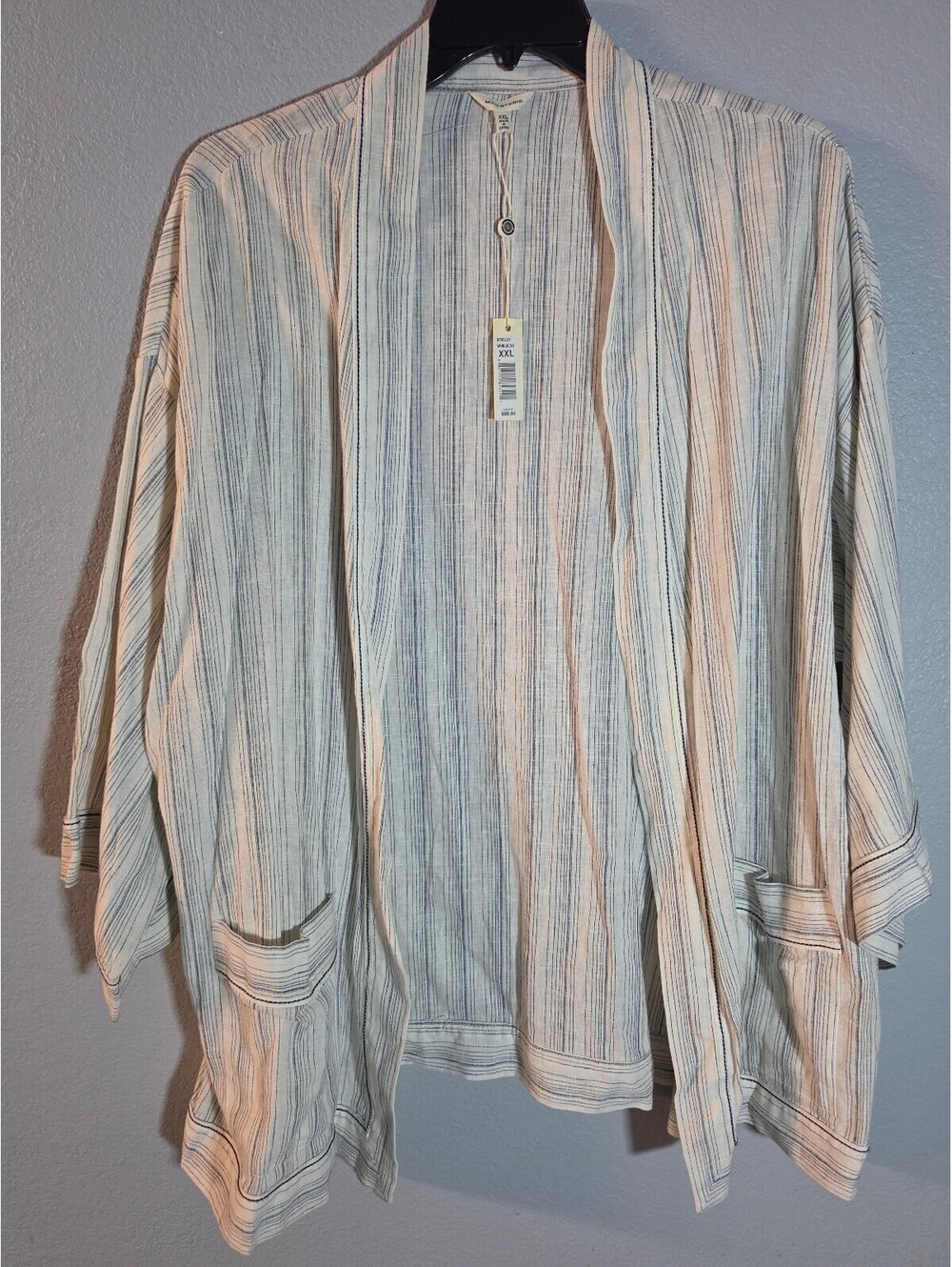 Max Studio XXL White and Blue Striped Open Front Cardigan with Pockets